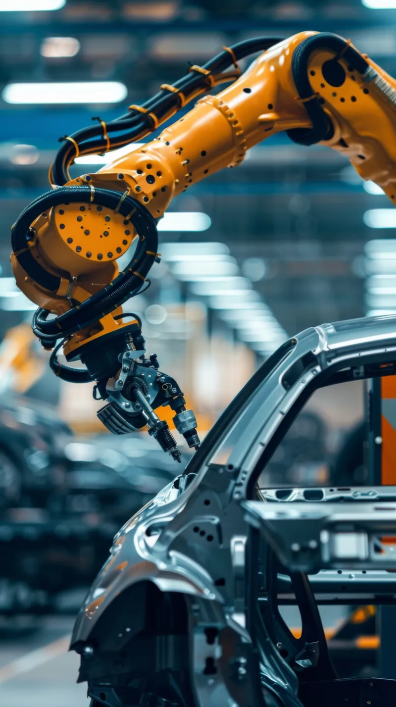 Robotic arm welding a car body on an assembly line