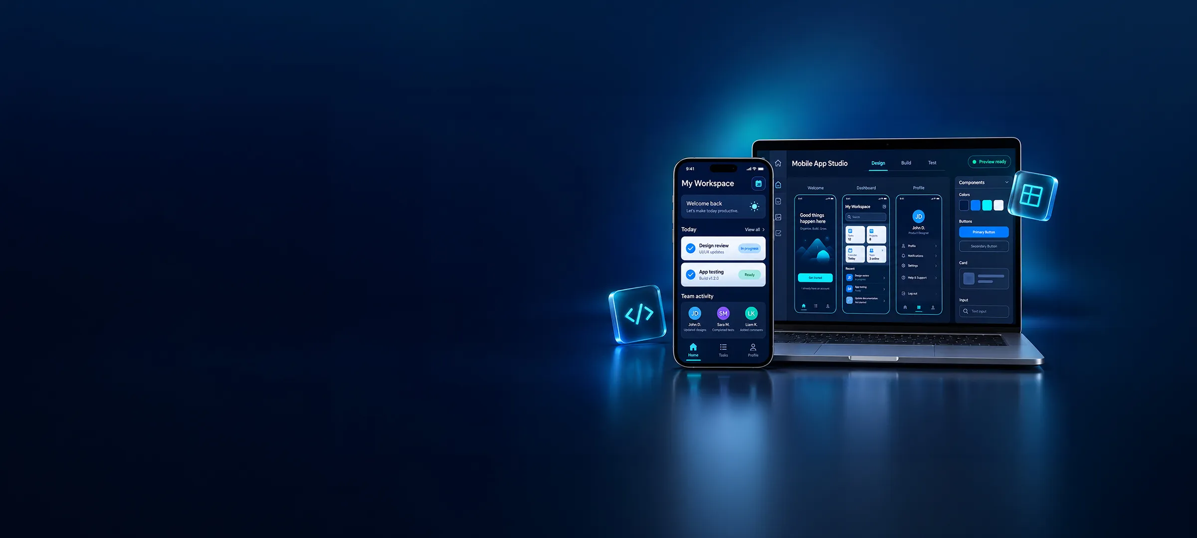 Laptop and phone showing a mobile app design studio interface, with app screens for a workspace and dashboard