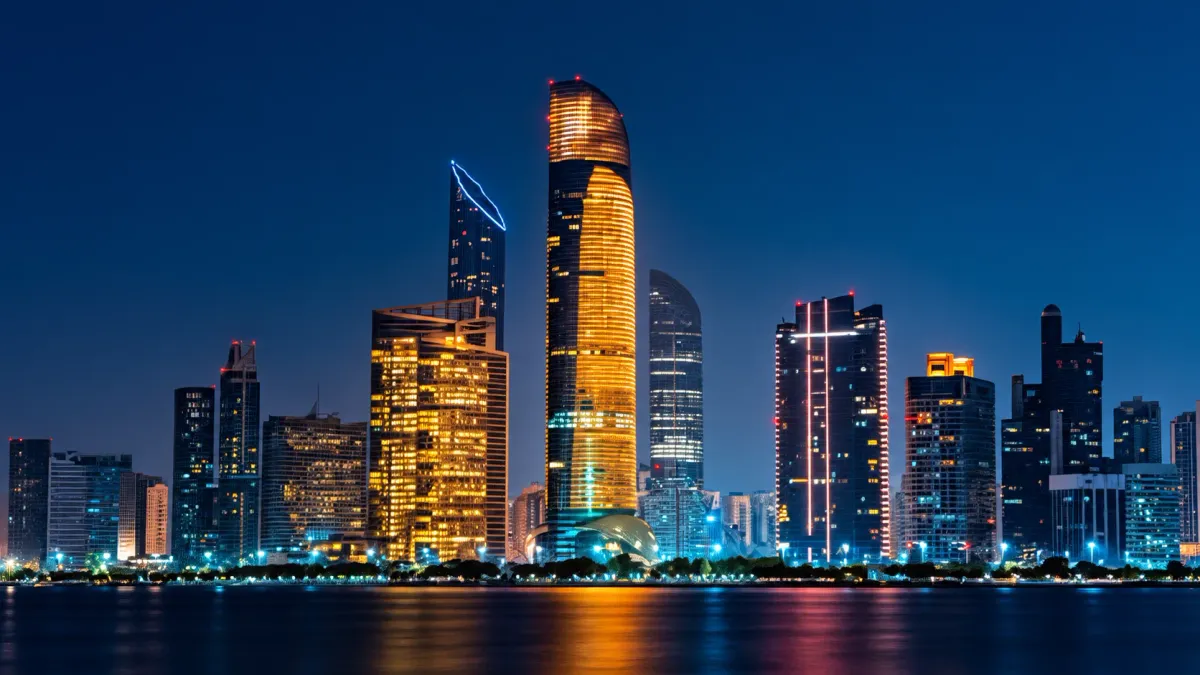 Illuminated night skyline of high-rise towers along a MENA waterfront