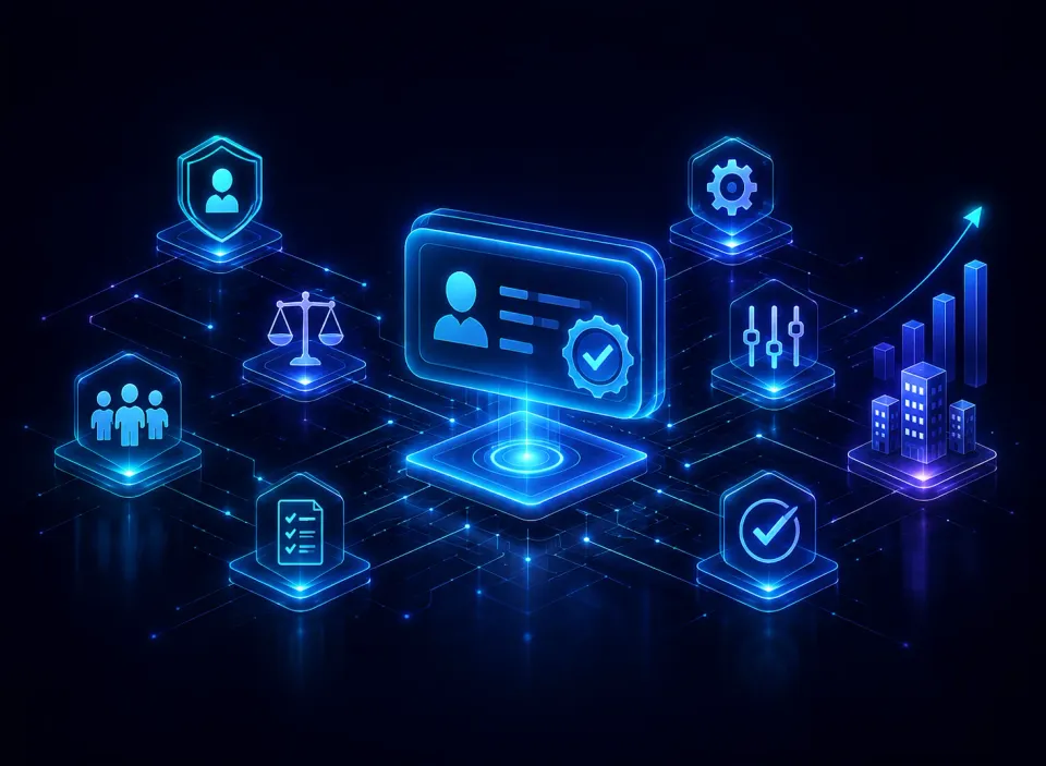 Digital illustration of a verified identity card surrounded by icons for security, compliance, governance, and business growth